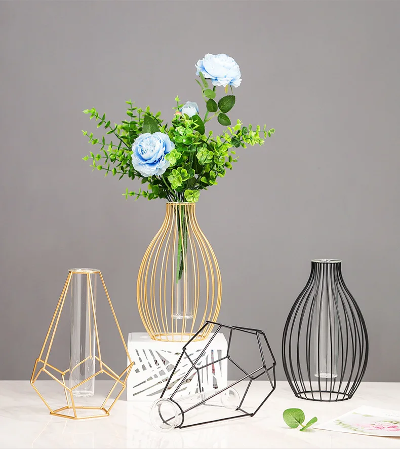 

Nordic Simple Golden Glass Vase Hydroponic Plant Flower Vase Iron Geometric Glass Test Tube Metal Plant Holder Modern Home Decor