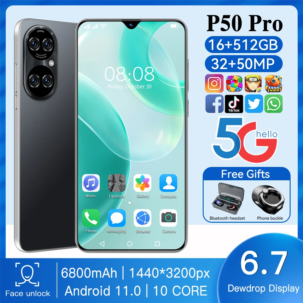 

P50 Pro 6.7 Global Version Qualcomm 888 Smartphones 6800Mah Dual SIM 5G Deca Core Android 11.0 16GB+512GB 32+50MP Mobile Phones