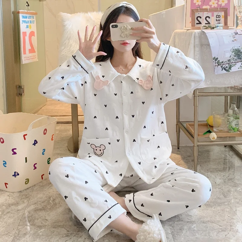 

Pajamas Women 's Autumn and Winter Air Cotton Sand Polka Dot Long Sleeve Large Size Spring Sweet Home Wear Suit.Kio