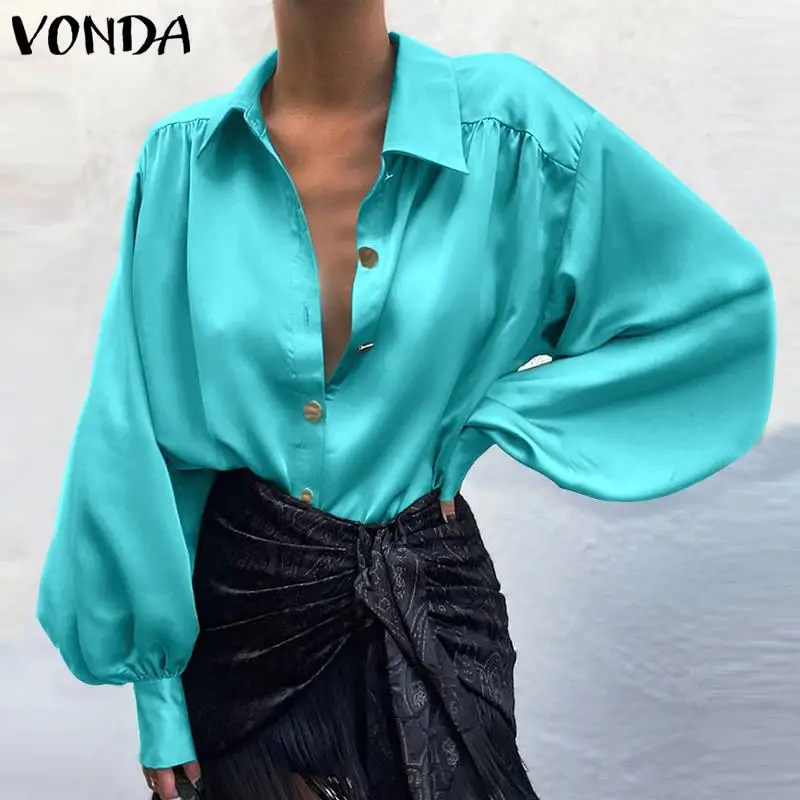 

VONDA 2021 осенние женские рубашки, повседневные офисные рубашки с отложным воротником и пуговицами, Модные свободные однотонные Топы с длинным...