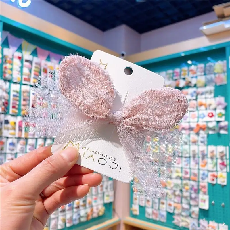 

New Cute Colorful Lace Ear Yarn Bow Duckbill Clip Kids Hair Accessories Sweet Girl Princess Fashion Hairpins Headdress