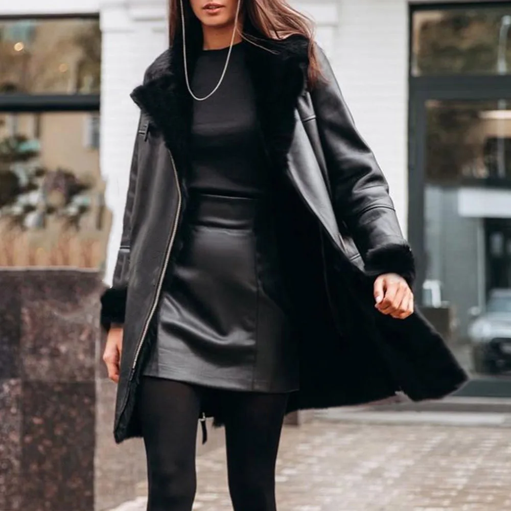 Women Winter Fashion Warm PU Leather Jacket Fake Fur Black Long Coat Office Lady Zipper Western Punk Gothic Outwear Young Girl