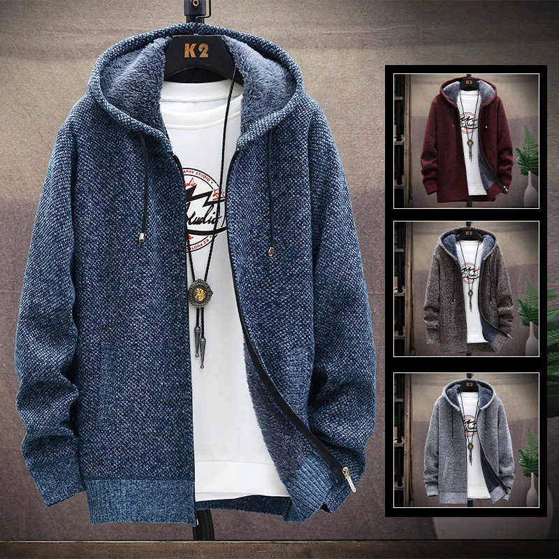 

Fall and winter warm hooded sweater plus plush thickened sweater zipper cardigan thick casual jacket new men's clothing