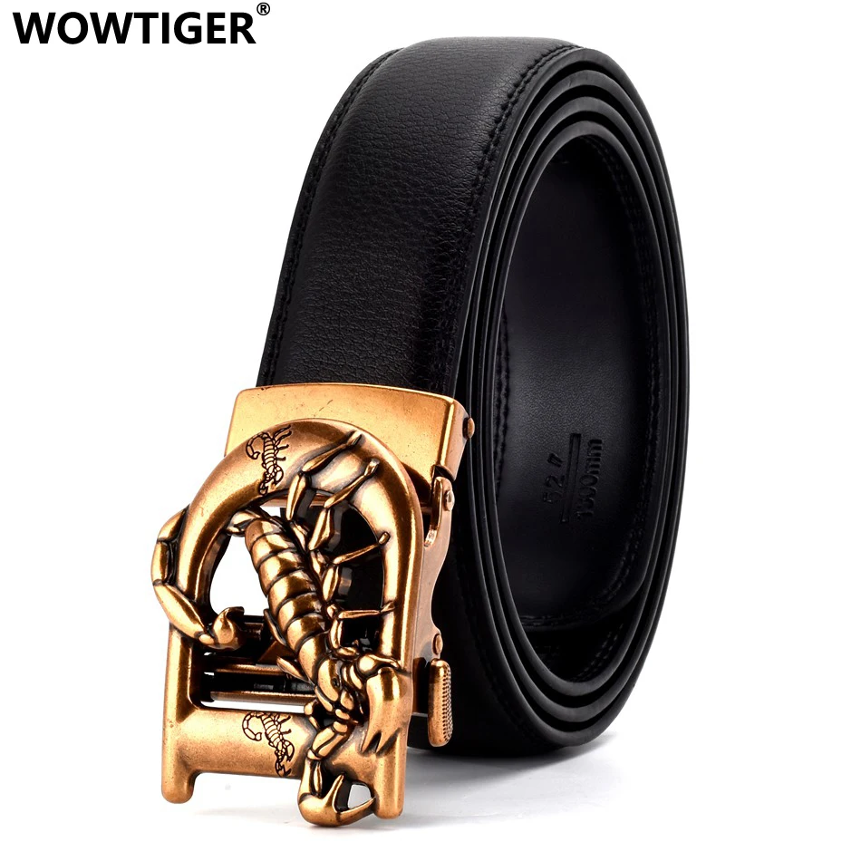 WOWTIGER golden silver color scorpion Automatic Buckle black 35mm Cowhide Leather Belts For Men Luxury Brand clothing belt