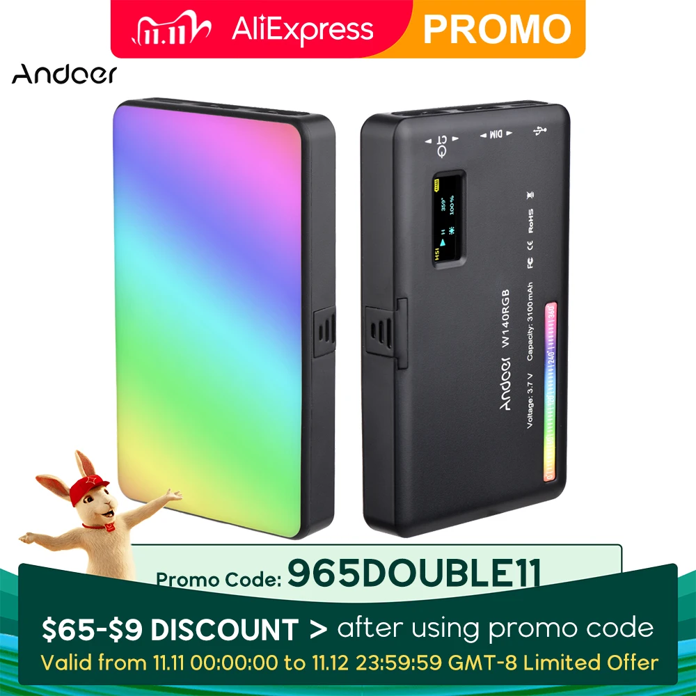 

Светодиодный RGB-светильник Andoer W140 для видеосъемки, CRI95 + 2500K-9000K