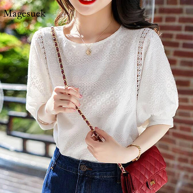 

Plus Size Fashion Summer Women Blouse New 2021 Korean Embroidery Lace Lantern Sleeve Top Loose Cotton O-neck Casual Shirts 13440