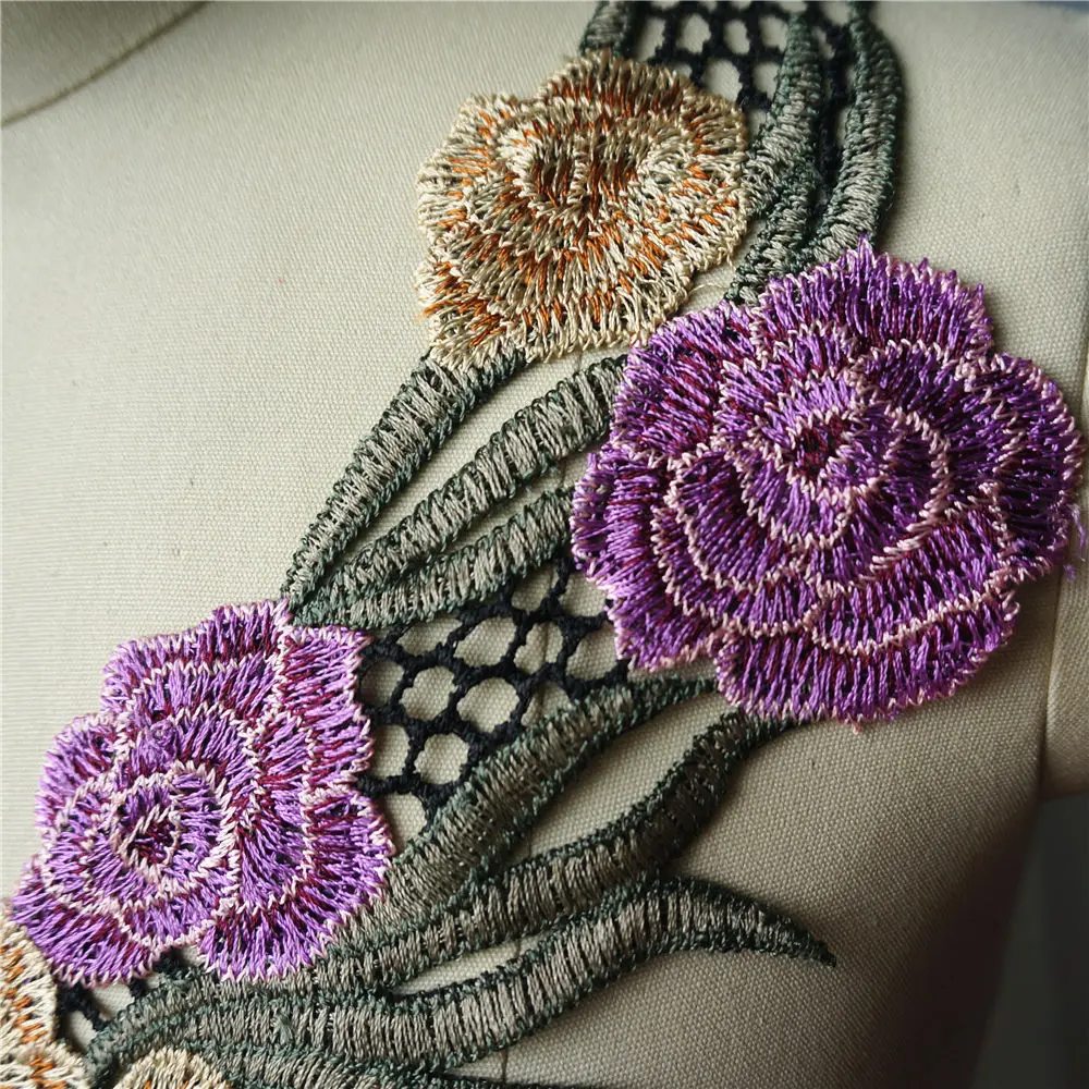 Фиолетовый вышитый цветочный воротник искусственная кружевная ткань нашивки