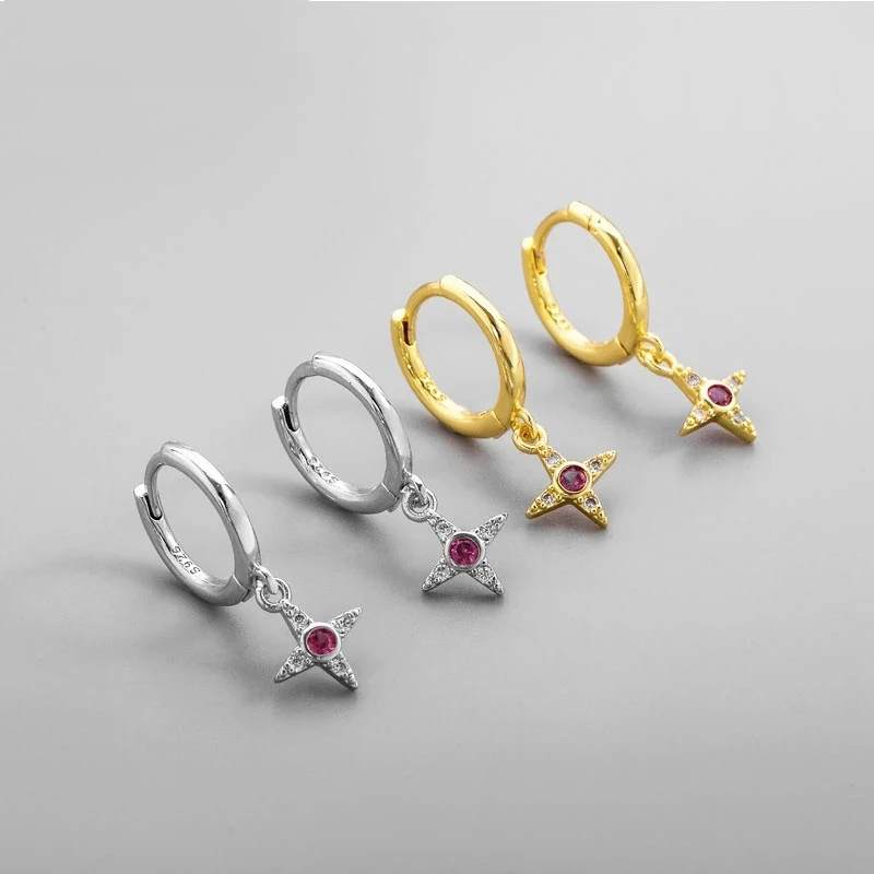 

HKMMH 925 Sterling Silver Cross Purple Zircon Hoop Earrings Female Charm Fashion Temperament Handmade Jewelry Valentine Gift