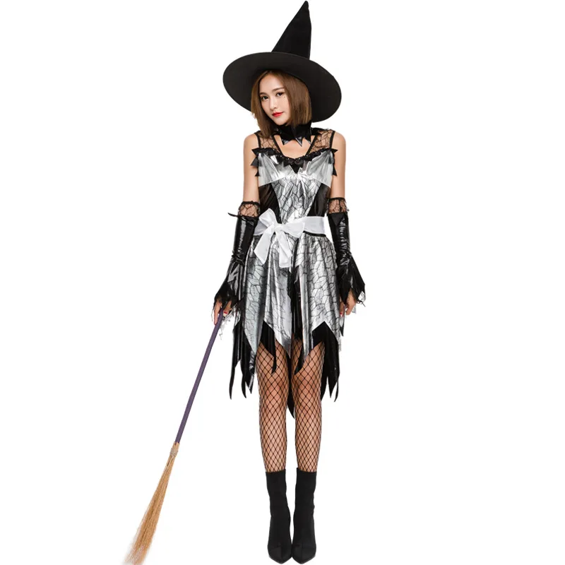 

Silver Starry Night Adult Witch Costume Sexy Lace Adult Halloween costume + hat + neck decoration + gloves + belt