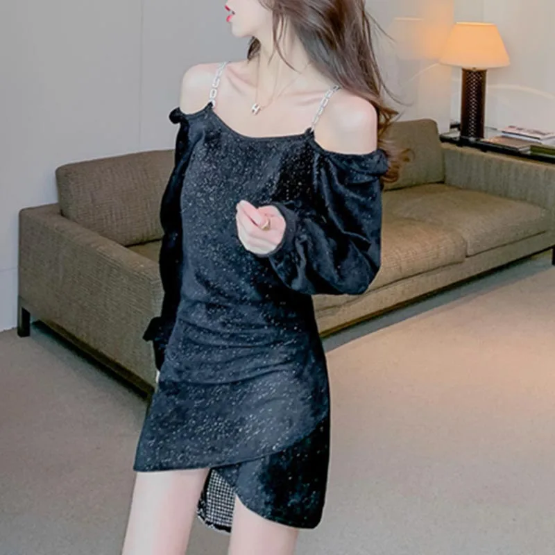 

One-Piece 2021 New Korean Style Spring Chic Dress French One Word Collar Temperament Dress Sexy Sling Long Sleeve Casual Dresses