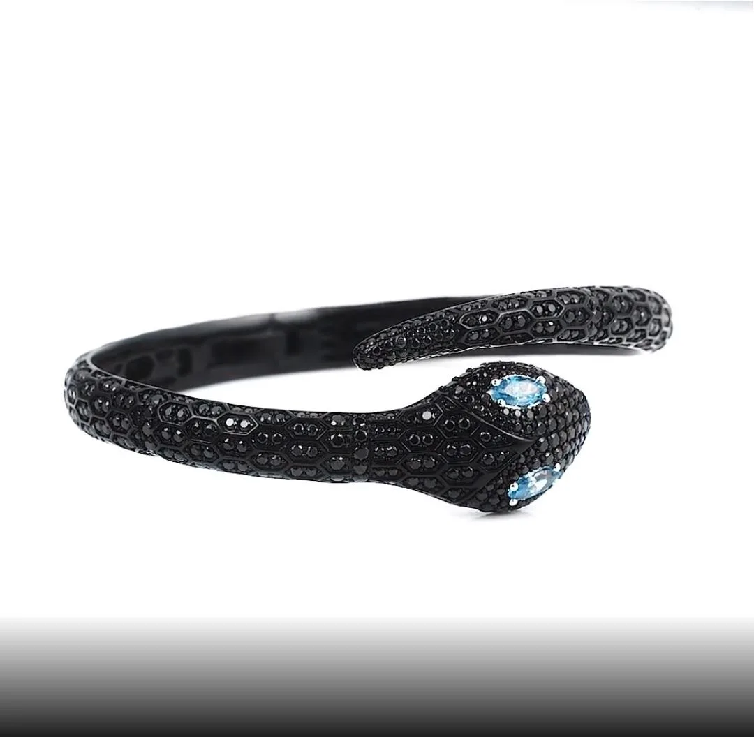 【MeibaPJ】 S925 Sterling Silver Simple Exotic Blue Eye Black Snake Shaped Bracelet Fine Fashion Jewelry Luxury Brand For Women |