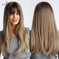 easihair long straight synthetic wigs dark brown to medium brown ombre natural hair wigs with bangs women wig heat resistant