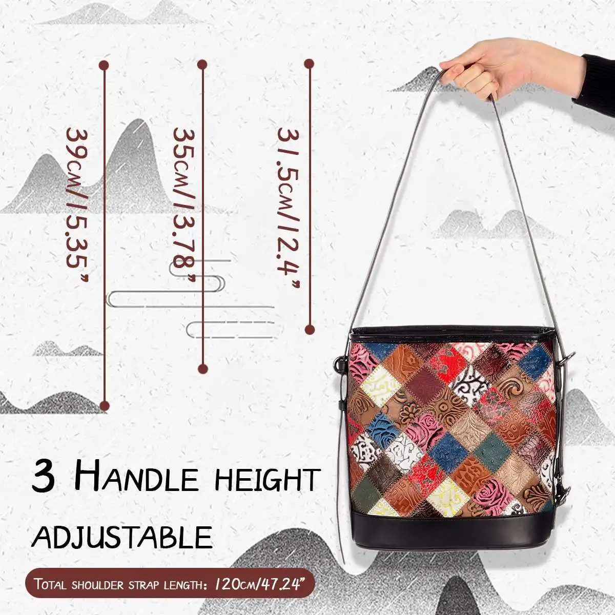 

Genuine Leather Women's Handbag Ethnic Style Splicing Clash Color Bucket Bag 120cm Shoulder Strap Shoulder Crossbody Bags Gift