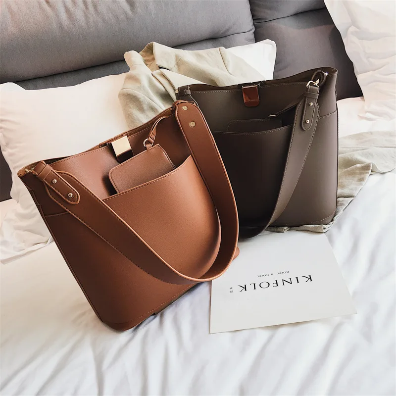 

Casual Large Buckets Bag For Women Designer Wide Strap Shoulder Bags Luxury Pu Leather Crossbody Bag Lady Big Totes Female Purse
