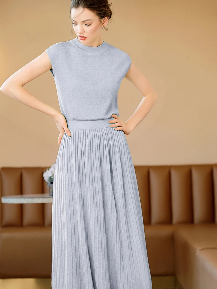 Простой дизайн модные женские комплекты водолазка без рукавов вязанный Топ