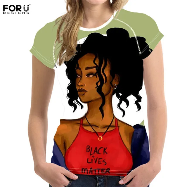 FORUDESIGNS T-shirts for Women African Black Girls Hairstyle Printing Tops Summer Short Sleeve T Shirts Female Kawaii Tees XXL | Спорт и