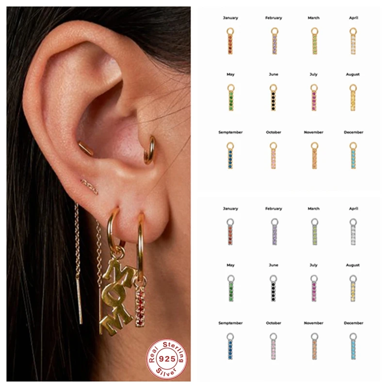 

GS 925 Sterling Silver Rainbow Zircon Birthstone Pendientes For Woman Girl Engagement Gift Hoop Earring Charm Jewelry 1 Piece