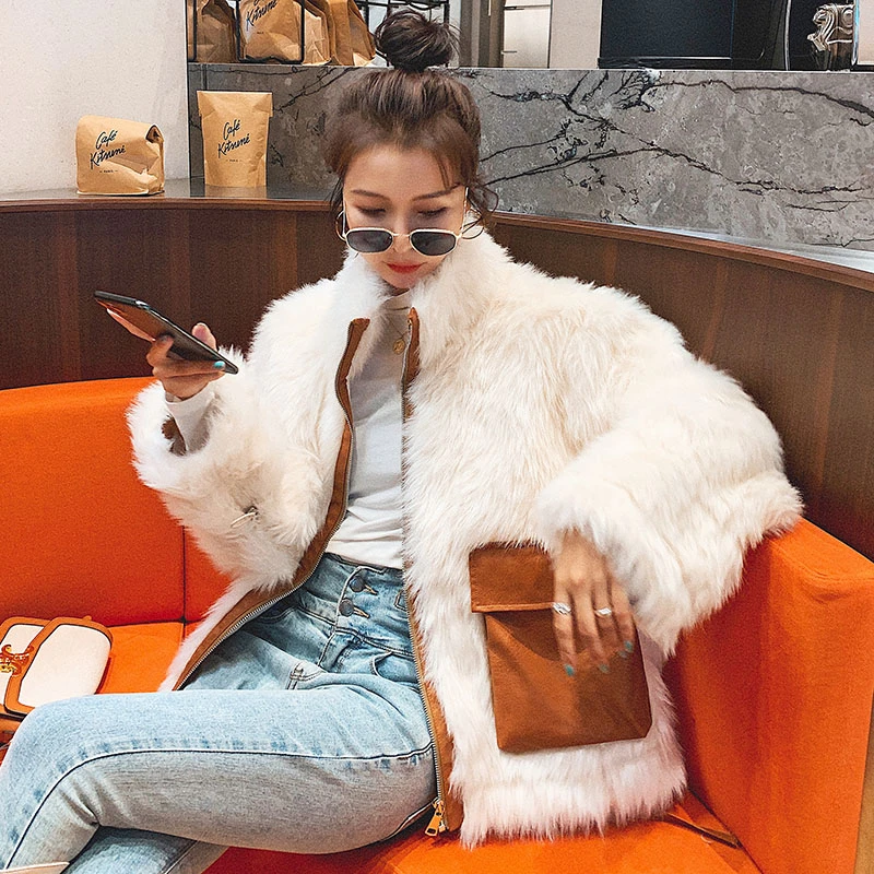 

Unua amo Furry Winter Jacket Women Short Fashion Hit Color PU Leather Pocket Design Faux Fur Lambswool Coat Female LE00274A