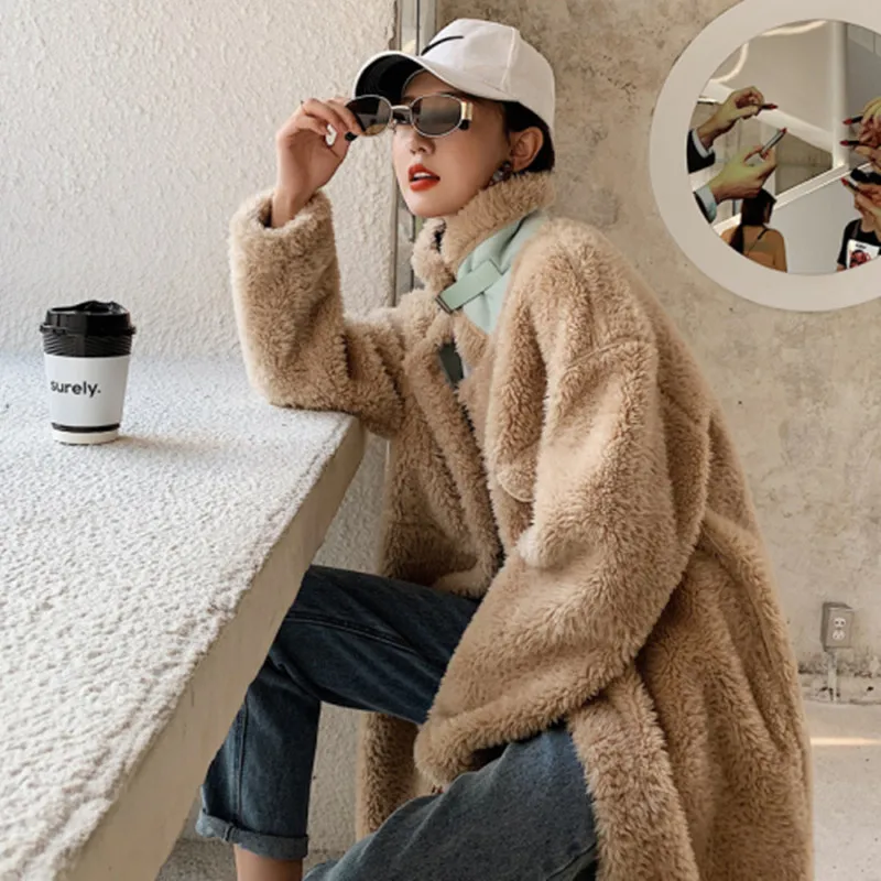 пальто женское Элегантные пушистые из овечьей шерсти женские зимние толстые