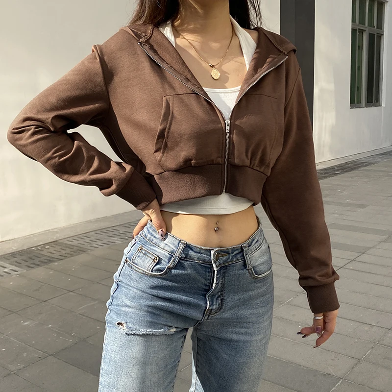 

Brown Cropped Hoodies Top Casual Hoodie Sweatshirt New Zip Up coat Women Pockets Harajuku Basic Autumn Jacket Solid Y2K femme