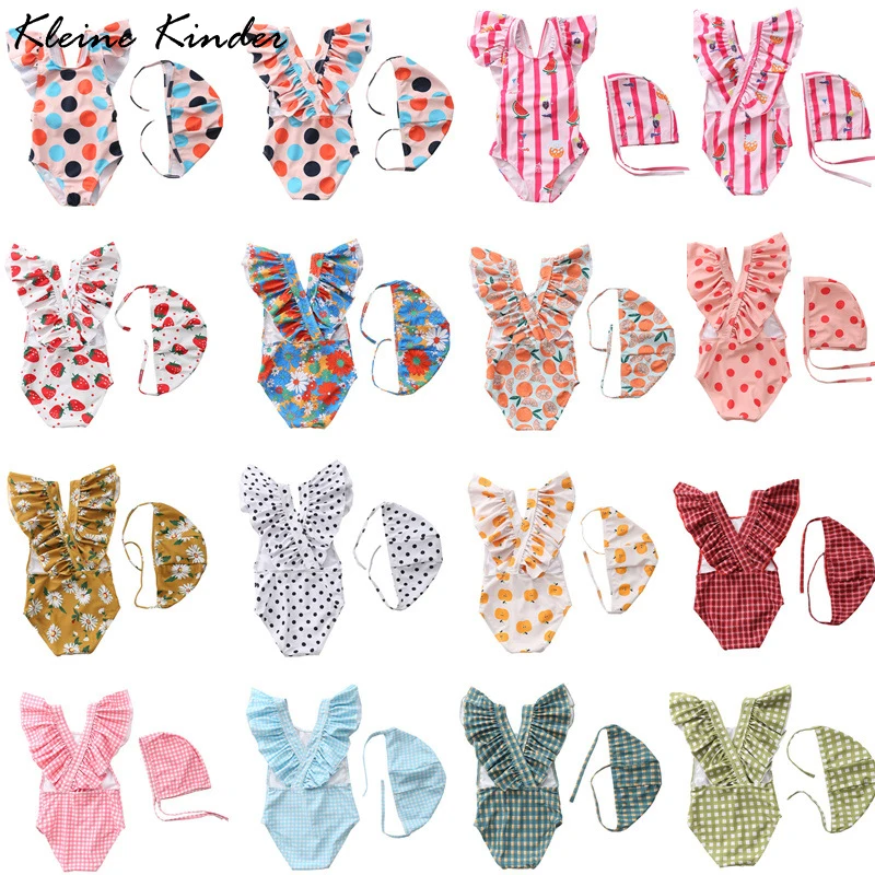 

Bathing Suit for Baby Ruffles Kids Swimwear for Girls 2021 Flying Sleeves Children's Bikini One Piece with Cap Toddler Swimsuit