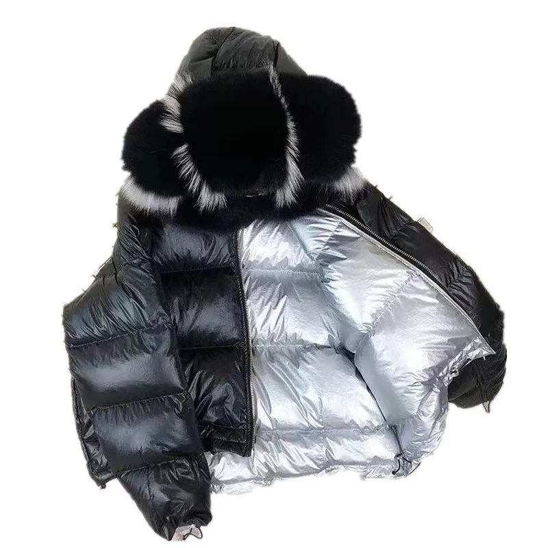 Двусторонняя одежда с лисьим большим меховым воротником короткая куртка пуховик