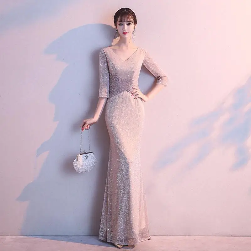 Благородная леди шампанское Qipao сексуальное вечернее платье Элегантный Bling тонкий китайский платье с v-образным вырезом Vestidos De Festa изысканный Cheongsam - Цвет: Champagne Mermaid