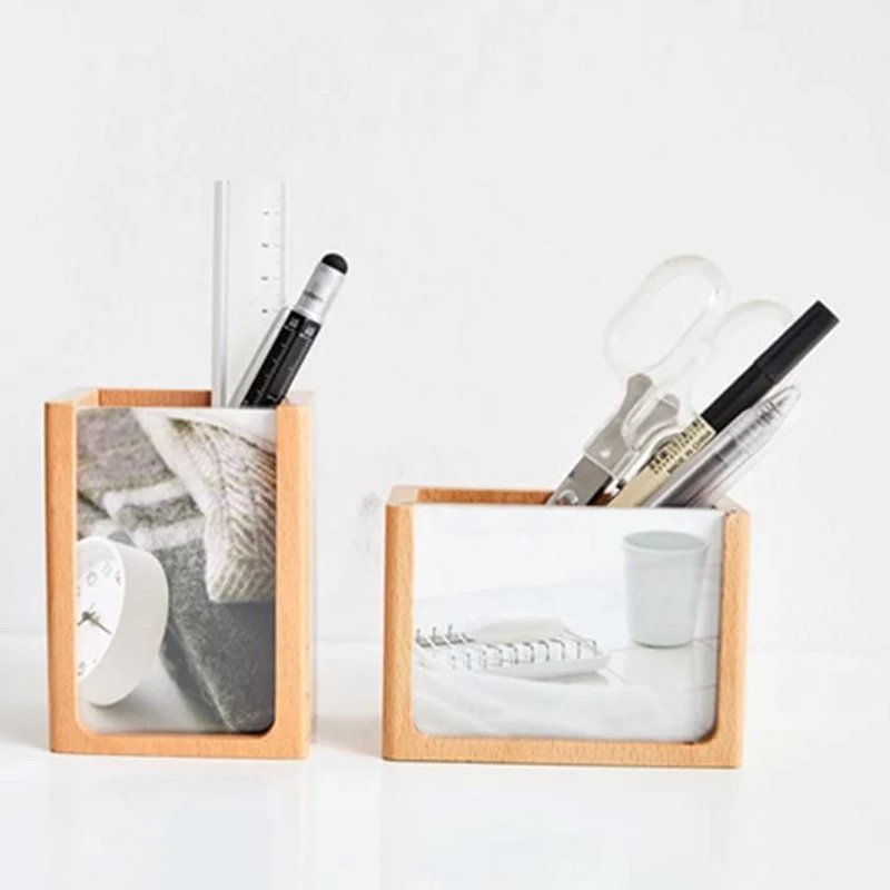

2 Pcs Wooden Pen Holder with Photo Frame, Multifunctional Desk and Office Supplies Makeup Organizer Caddy