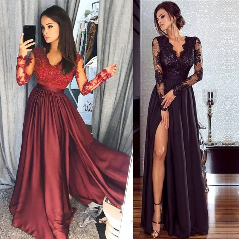

Sexy Party Dress Women Deep V Lace Long Sleeves Spring Summer Fashion Maxi Dresses for Women
