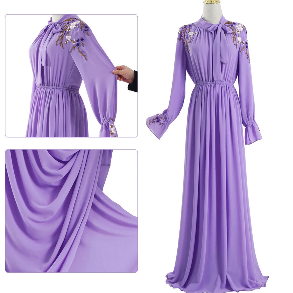 

Modest Dress for Women Muslim Dubai Chic Floral Embroidery Swing Maxi Dresses Turkey Arabic Moroccan Islamic Clothing Purple