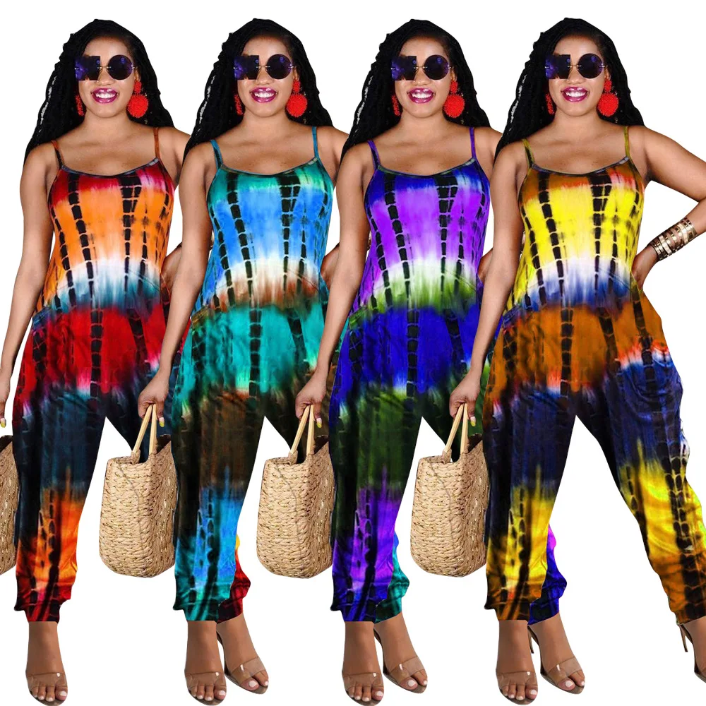 

Summer Casual Loose Tie Dye Print Striped Overalls for Women Sexy Streetwear Spaghetti Strap O Neck Jumpsuit Women Romper Outfit