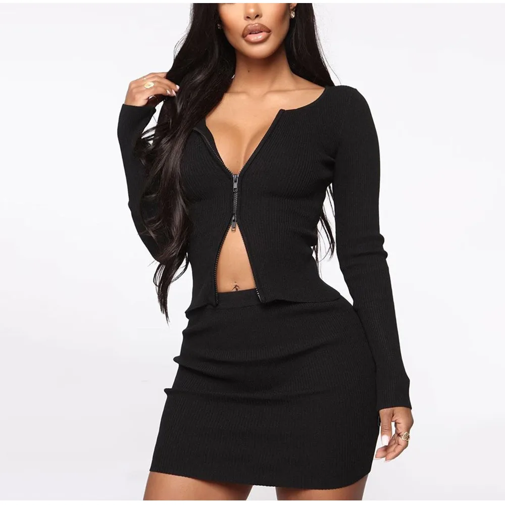 

2020 Summer Women's Suit V Neck Hot Style Solid-color Long Sleeves Lip Crop Top & Skirt Kitting Two Piece Set