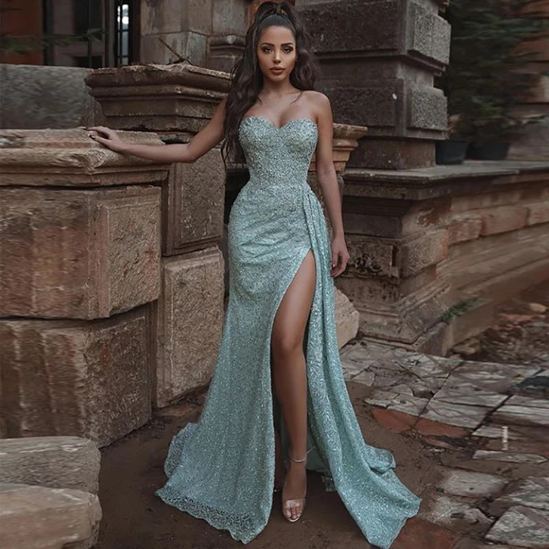 

Verngo Mermaid Evening Dress Blue Lace Appliques Formal Dress Party Prom Gown Side Slit Dresses Woman Party Night