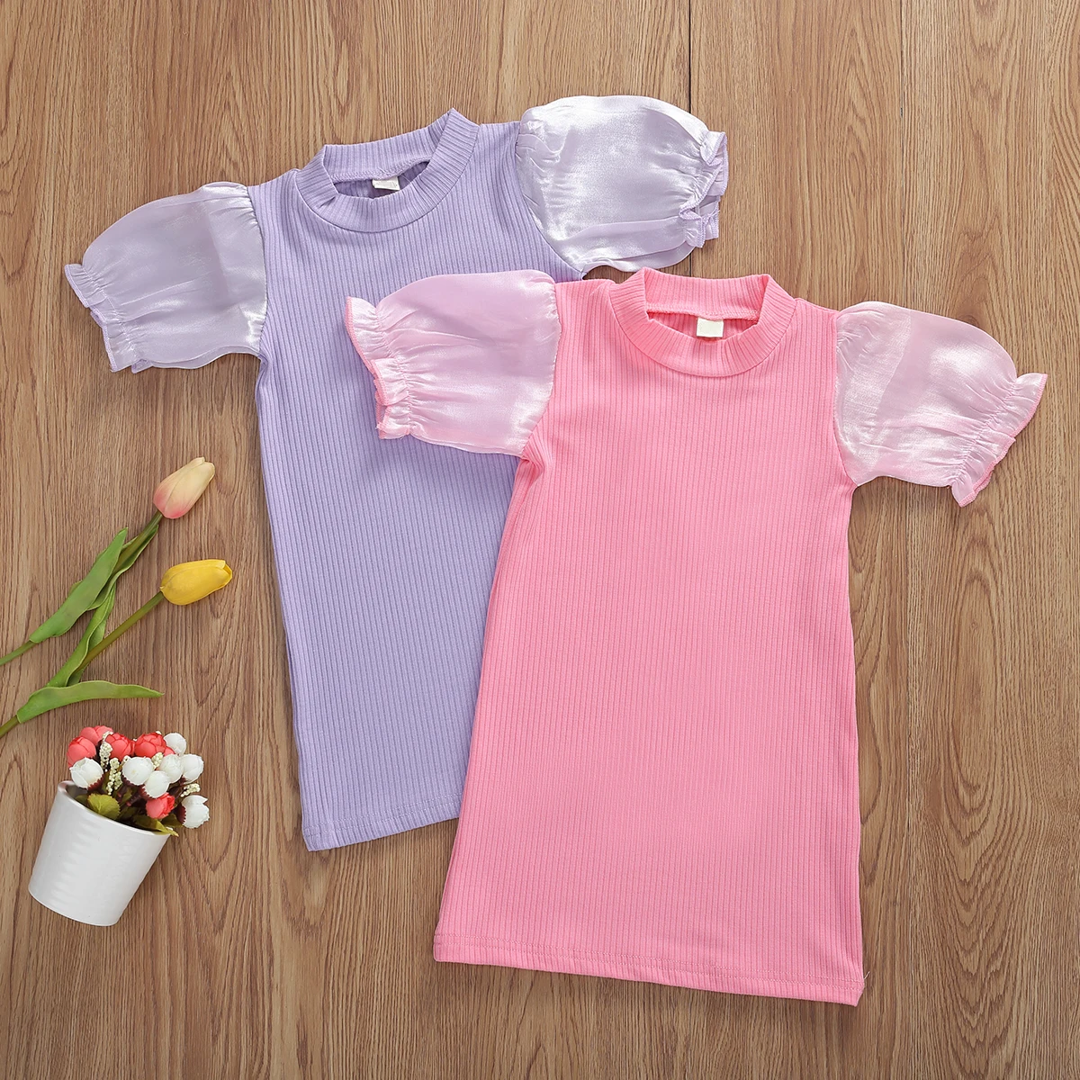 Трикотажное платье принцессы с коротким рукавом и буффами | Детская одежда обувь