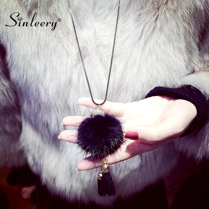 

SINLEERY Women Mink Hair Fur Ball Plush Pom Pom Long Necklaces With Adjust Crystal Ball Pearl Pendants Jewelry MY267 SSI