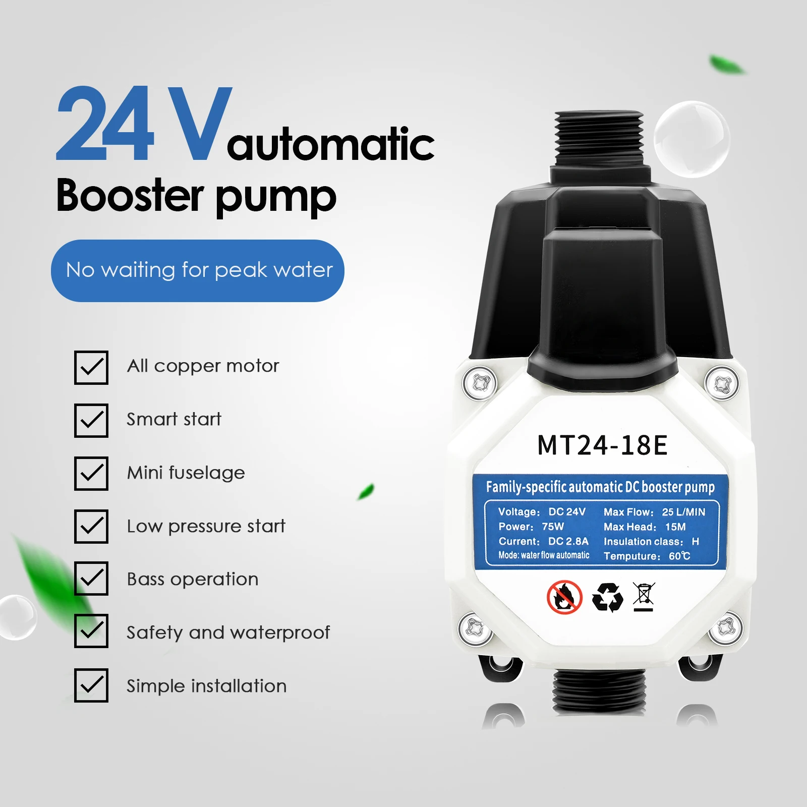 

EU US Stock Booster Pump Brushless Water Pump 45Feet 24V 75W Auto Pressure Controller IP56 Household Water Heater Boost for Home