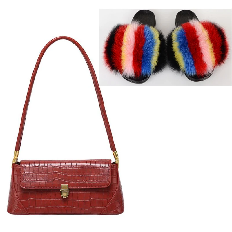 

Women Designer PU Handbag Rainbow Fur Slippers Fashion Casual Fluffy Plush Fur Slides Ladies Colorful Fur Beach Flip Flops Hot