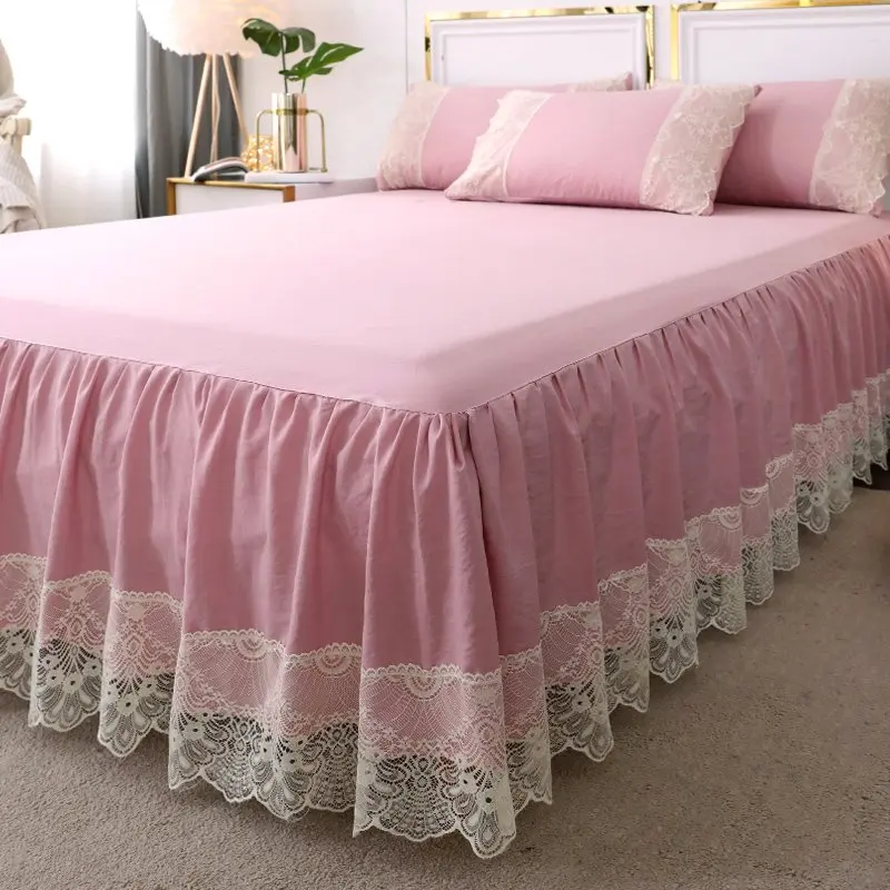 Розовые оборки Корейская кружевная постельная юбка наматрасник комплект для