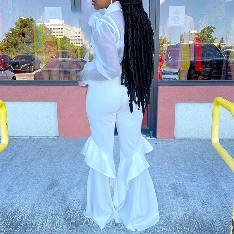 

Two Piece Chic Pants Suits Mesh See Through Blouse Top & Flare Pants Set