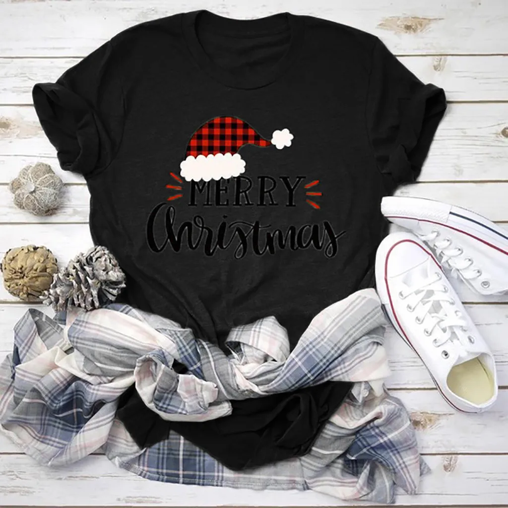 Для женщин Рождественская Футболка с принтом букв футболки круглым вырезом и