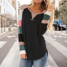 Женская футболка с длинным рукавом и круглым вырезом, однотонная свободная уличная туника в полоску с пэчворком и пуговицами, Осенние Топы для женщин, 2021