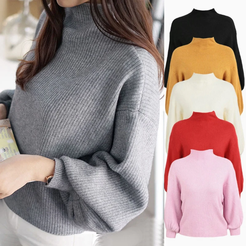 

Harajuku Knitted Turtleneck Sweater Women Autumn Fall 2020 Winter Lantern Long Sleeve Kawaii Korean Elegant Sweater Pullover Top