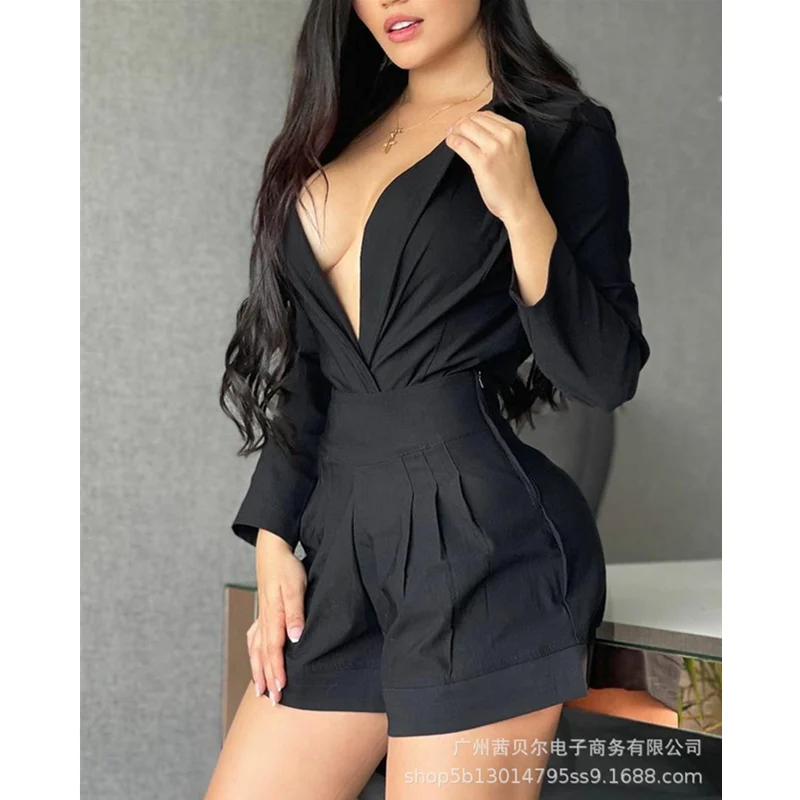 

WEPBEL Women's Elegant Tracksuit Shorts Set Ladies Sexy Long Sleeve V Neck Shirt Top + High Waist Straight Shorts Two Piece Set