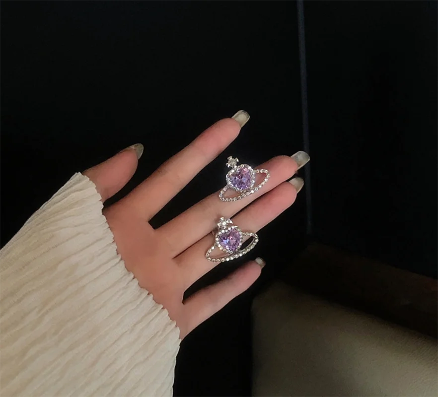 

Korean fashion Purple heart crystal earrings for women with elegant Saturn Rhinestone unusual jewelry gift accessories