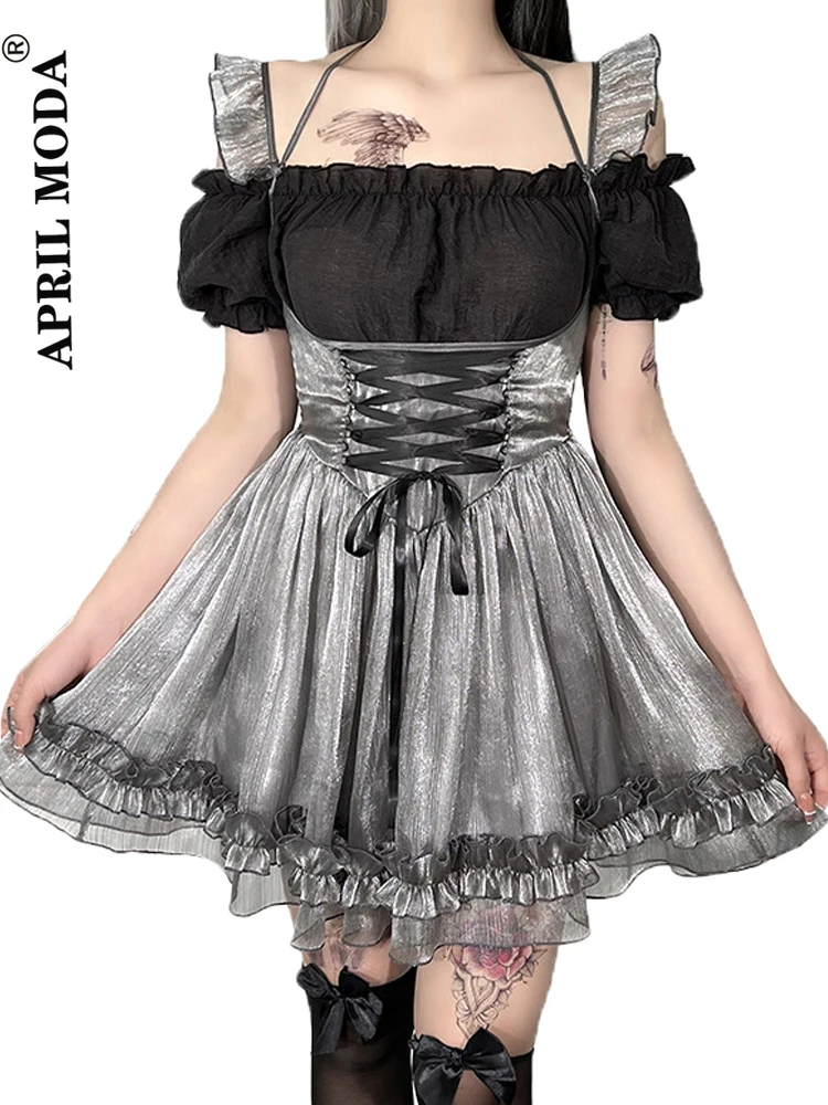 

Dark Gothic Y2k Mini Dress Emo Alt Women Vintage Mesh Patchwork Lace Up High Waist Academia Dress Harajuku Mall Goth Partywear
