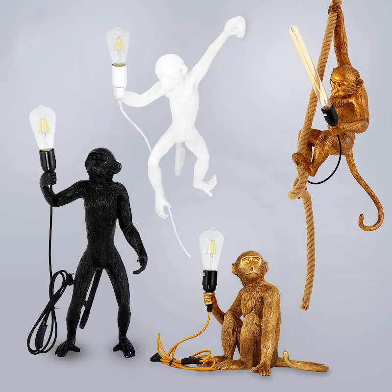 

Creative Resin Monkey Lamp Wall Pendant Lights Modern Hemp Rope Kitchen Hanging Lamps Dining Room Light Fixtures Industrial Lamp