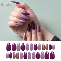 2020 new 24pcs glitter stiletto fake nails artificial press on short pointed purple false abs nails art tips french full cover