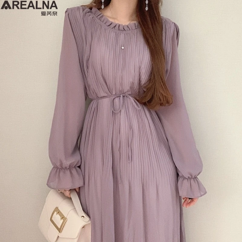 

Spring Lantern sleeve Women Dress Lace Up Folds Female Pleated Dress Summer Party Midi Chiffon Dresses Vestidos femme 2021 new