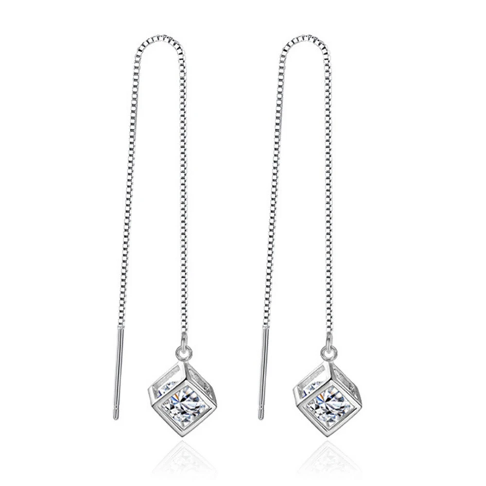 

Ladies Box Earrings Long Section Tassel Zircon Cubes Simple Drop Earrings Fashion Simple Twist Brand Silver Jewelry 105MM
