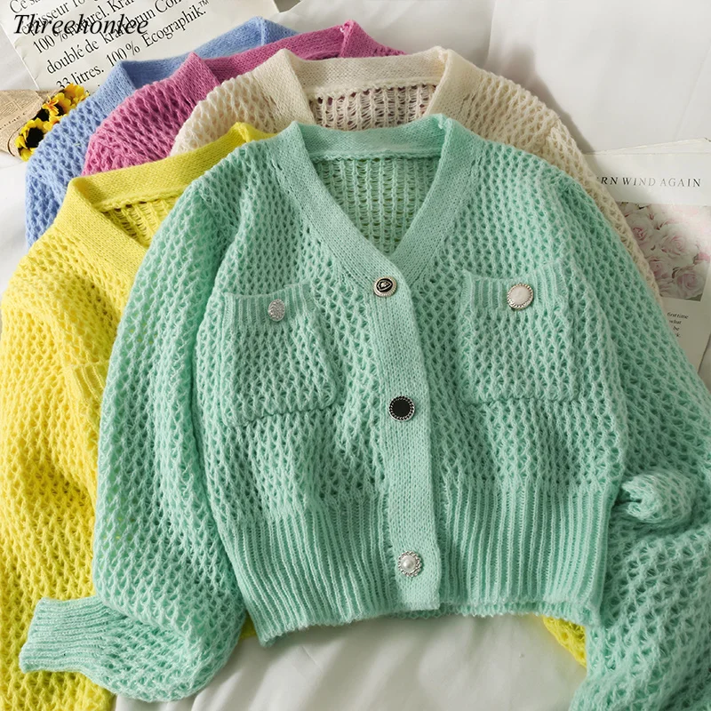

Korean Sweet Sweater For Women Summer Hollow Out Single Breasted Thin Long-sleeve Cardigan All-match Loose Knitted Female Tops